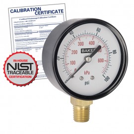 Baker LVBNA-600P Pressure Gauge 0-600 PSI with NIST Traceable Certificate